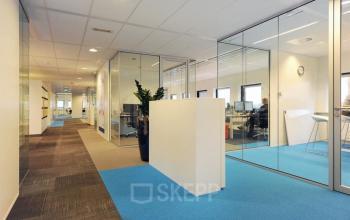 Modern office to rent at Patrijsweg 62, Rijswijk, featuring glass-walled workspaces and a blue carpet. Ideal for office space rental.