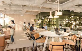 Modern office space at Marten Meesweg 101, Rotterdam Alexander, featuring people working and having meetings in a stylish, well-lit environment with contemporary furnishings. Ideal for office space rental.