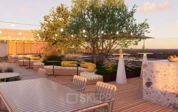 Spacious rooftop terrace with seating and greenery, ideal for business gatherings at Marten Meesweg 101, Rotterdam Alexander. Perfect for office space rental needs.