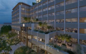 Exterior view of an office building at Marten Meesweg 101, Rotterdam Alexander, showcasing a modern architectural design with office space rental potential.