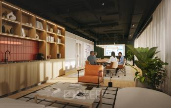 Modern office space at Marten Meesweg 101 in Rotterdam Alexander, featuring a furnished workspace with people engaged in a meeting.