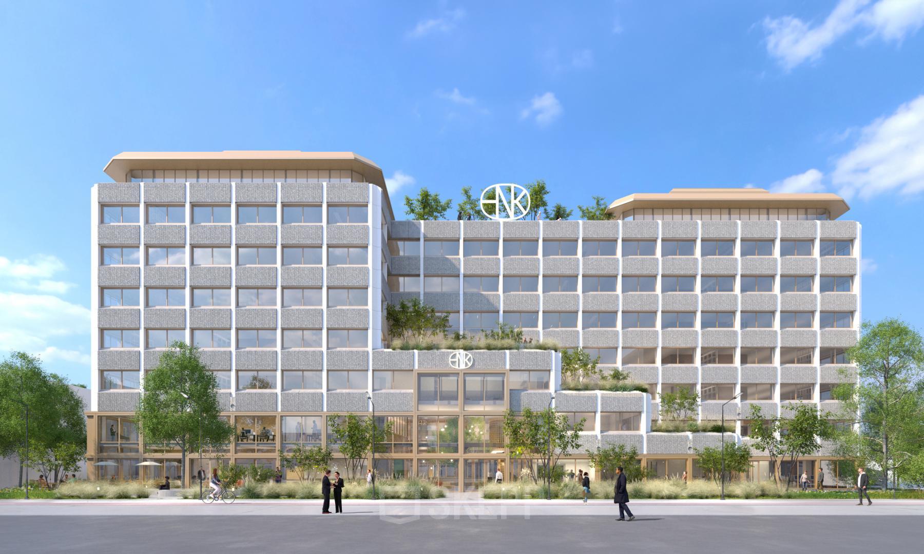 Exterior view of a modern office building at Marten Meesweg 101, Rotterdam Alexander, with people walking outside. Ideal location for office space rental.