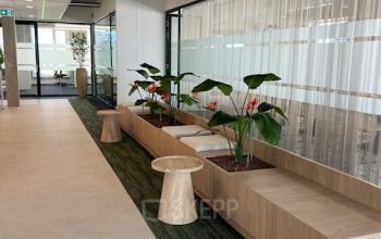 Modern office space at Bahialaan 100, Rotterdam Brainpark, available for rent. Bright hallway with wooden seating and greenery accents.