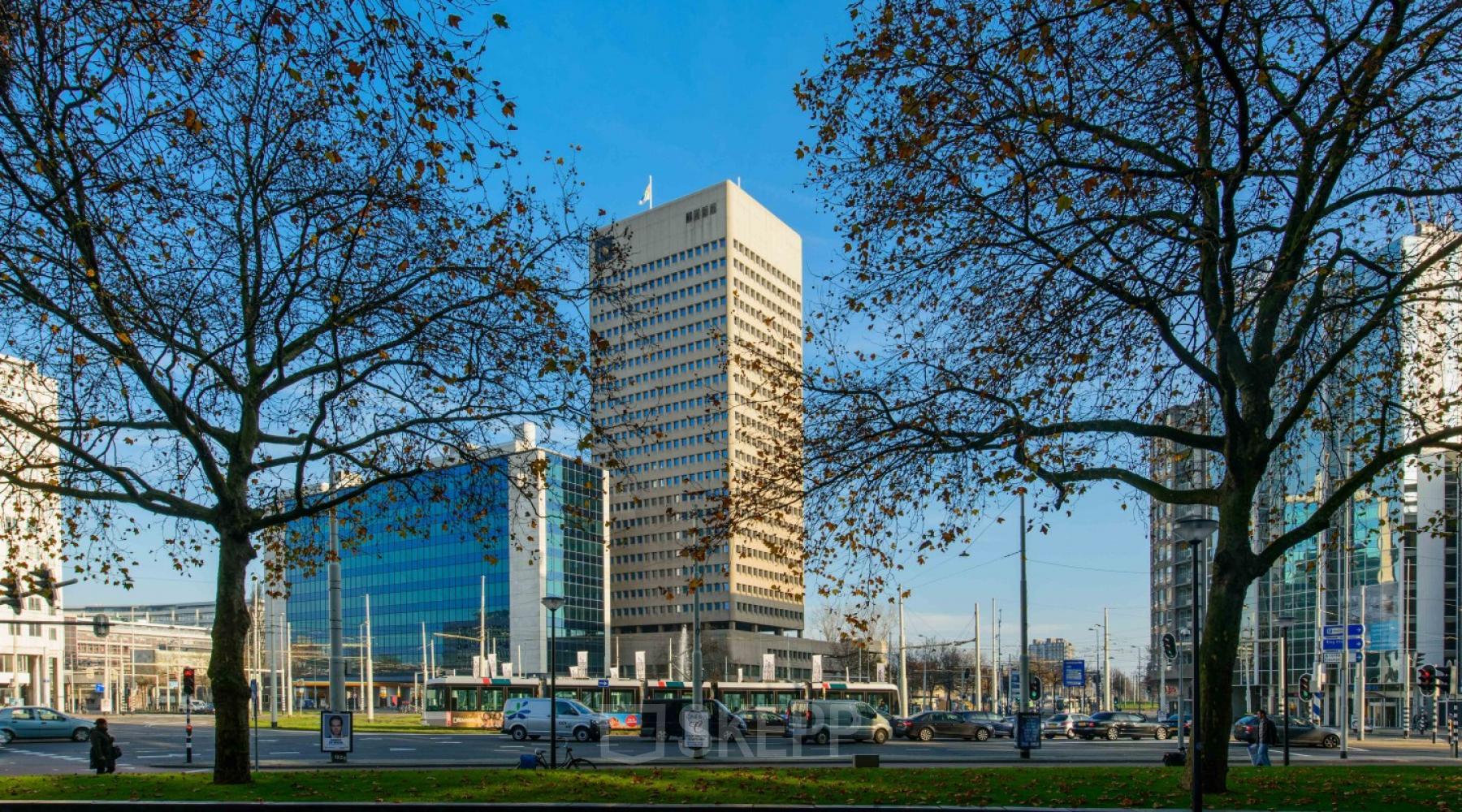 Exterior view of office building at Hofplein 20 in Rotterdam Central Station surrounded by autumn trees and busy street.