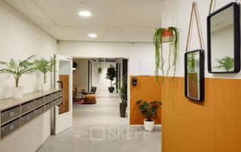Interior hallway of Westblaak 90 in Rotterdam Center, featuring plants, hanging mirrors, and a seating area in the background. Ideal for office space rental.