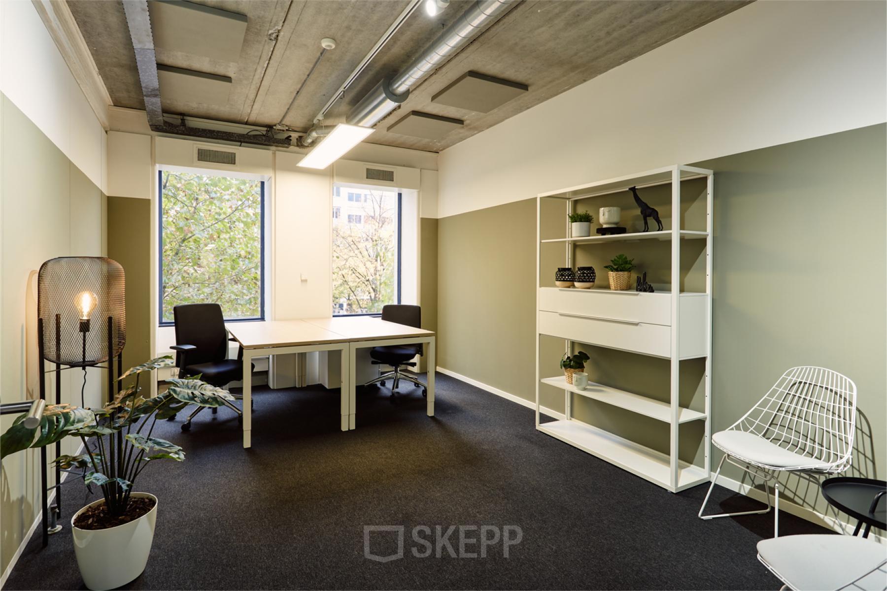 Modern and furnished office space for rent at Westblaak 90, Rotterdam Center, featuring large windows, simple desks, chairs, potted plants, and shelves.