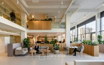 Modern office lounge with natural light, greenery, and comfortable seating at Vasteland 42-110, Rotterdam Center, ideal for office space rental.