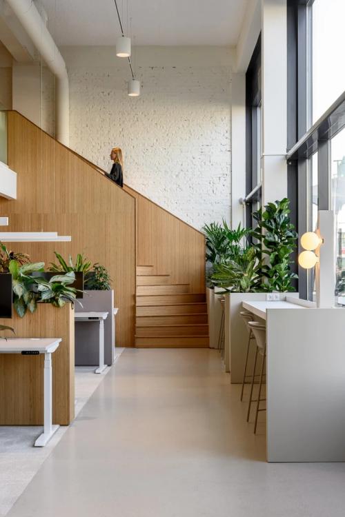 Modern office space at Vasteland 42-110, Rotterdam Center, featuring sleek workstations, wooden accents, abundant natural light, and greenery.