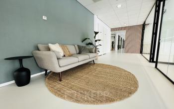 Cozy seating area in a modern office at Kruisplein 480, Rotterdam Center, featuring a comfortable sofa, round rug, and plant for a welcoming atmosphere. Ideal for office space rental.
