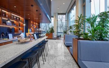 Modern office lounge area at Blaak 555 in Rotterdam Center with stylish seating, plants, and a coffee bar, ideal for office space rental.
