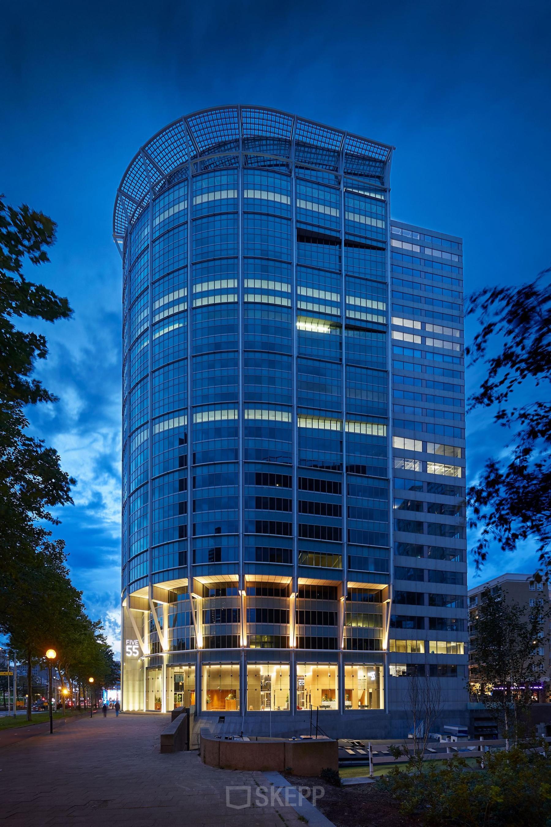 Exterior view of an office building at Blaak 555, Rotterdam Center, ideal for office space rental.
