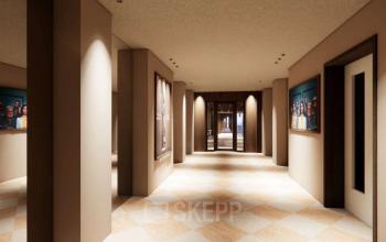 Stylish office to rent at Coolsingel 139, Rotterdam Center, featuring a well-lit corridor with elegant artwork on the walls, perfect for welcoming clients.