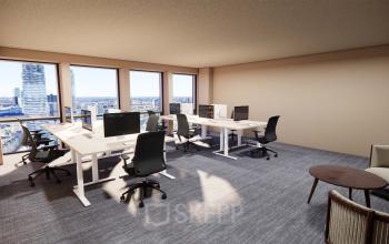 Bright office space with modern desks and chairs, featuring large windows with views of Rotterdam Center. Ideal for office space rental at Coolsingel 139.