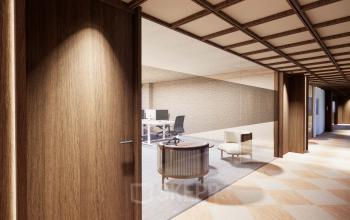 Modern office to rent at Coolsingel 139, featuring impressive decor with glass partitions and comfortable seating in a professional environment in Rotterdam Center.