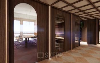 Elegant office interior at Coolsingel 139 in Rotterdam Center, featuring wooden paneling, glass partitions, and modern conference room furniture ideal for office space rental.