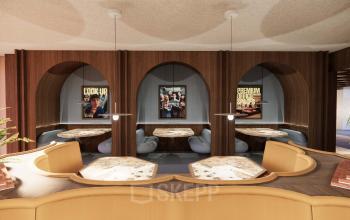 Stylish office interior at Coolsingel 139 in Rotterdam Center featuring cozy workspaces with polished tables, warm wooden finishes, and modern lighting. Ideal for office space rental in a dynamic business hub.