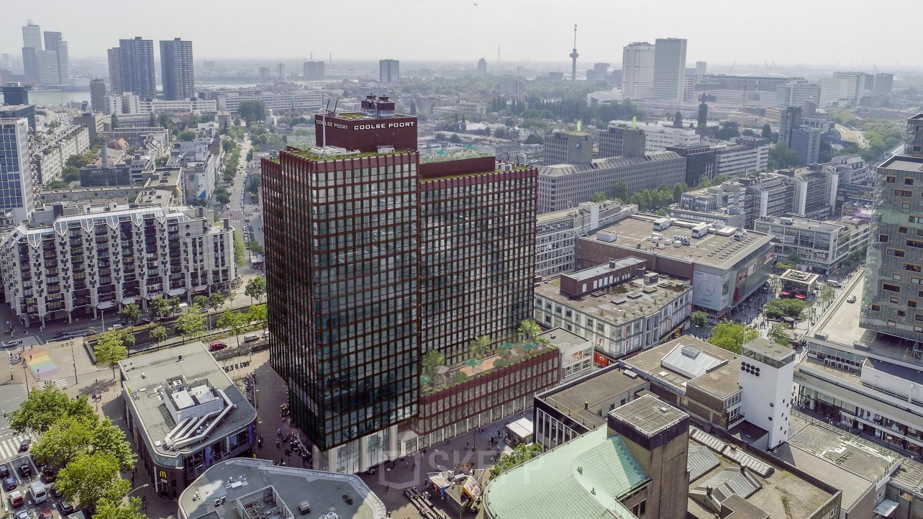 Aerial view of Coolsingel 139, a high-rise office building in Rotterdam Center. Ideal for office space rental, this location provides easy access to the city's amenities and transport links.