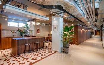 Modern office interior in Rotterdam Center with a stylish open floor plan featuring decorative plants, a bar-height table, and stools for collaborative work. Ideal office space rental with flexible options.