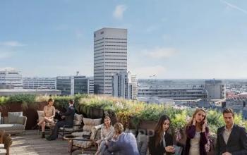 Rooftop terrace at Coolsingel 75, Rotterdam Center with people networking and enjoying a casual gathering. Ideal for office space rental events or informal meetings.