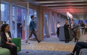 Modern office space in Rotterdam Center at Coolsingel 75, featuring a stylish open floorplan with people networking and relaxing, ideal for office space rental.