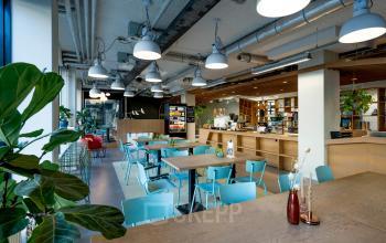 Bright office space at Westblaak 180, Rotterdam Center, with modern furnishings and greenery. Ideal for office space rental with spacious tables and vibrant decor.