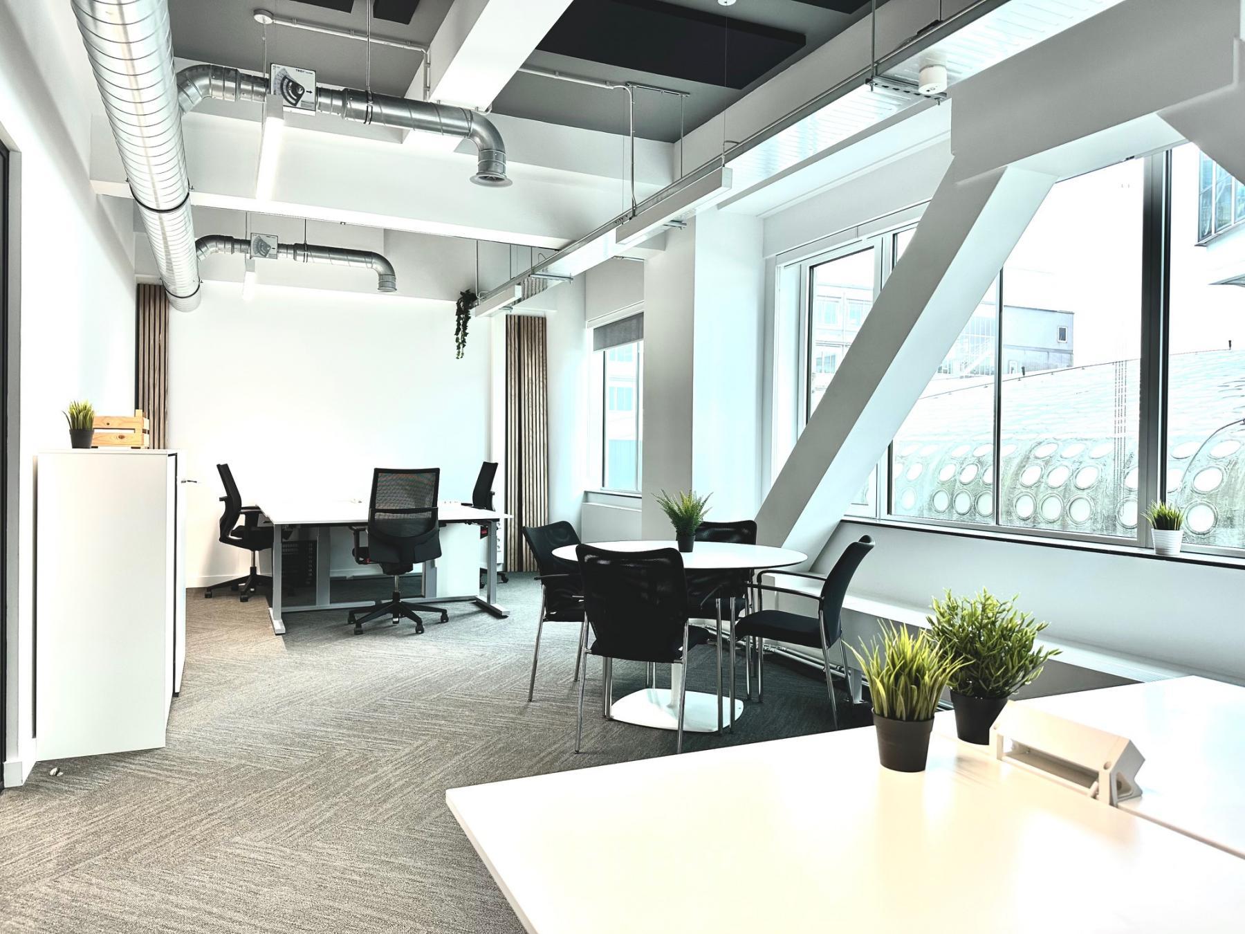 Modern furnished office space rental at Beursplein 37, Rotterdam Center, featuring large windows, multiple desks, and potted plants.
