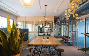 Modern office space in Rotterdam Center with a large wooden table, plants, and stylish lighting fixtures, ideal for collaborative work.