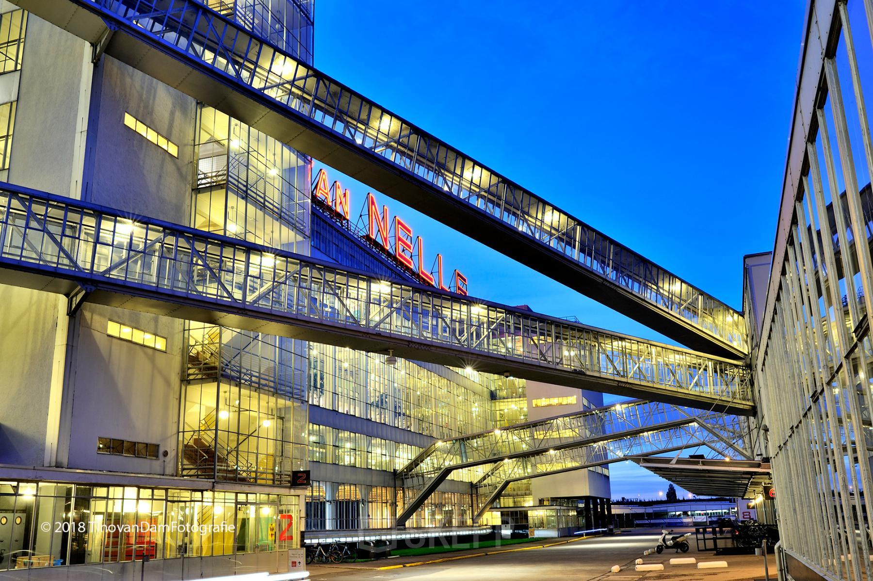 Exterior view of Van Nelleweg 1, an iconic location in Rotterdam Delfshaven, showcasing industrial architecture for office space rental.