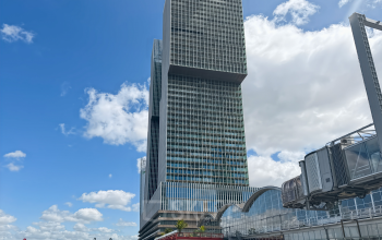 Exterior view of a modern office building at Wilhelminakade 173, Rotterdam Kop van Zuid, ideal for office space rental.