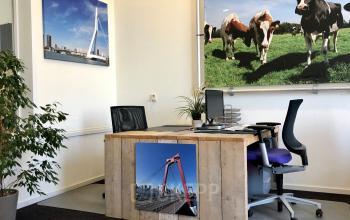 Modern office space rental at Van der Takstraat 8 in Rotterdam Noordereiland with a desk and vibrant local photography on the walls.