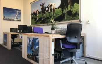 Spacious and well-appointed office space rental at Van der Takstraat 8, Rotterdam Noordereiland, featuring modern desks and bright décor.