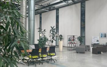 Spacious and modern office space at Scheepsbouwweg 29, featuring high ceilings, ample seating, and greenery, perfect for office space rental in Rotterdam Waalhaven.