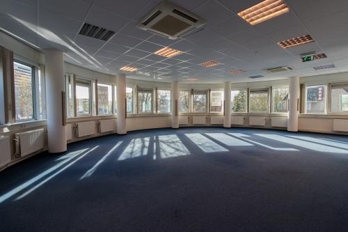 Spacious, well-lit office space with large windows and blue carpet at Noordvest 18, Schiedam, available for rent.