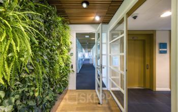 Interior view of Boeingavenue 223-239 office location in Schiphol Rijk, featuring a glass door and a green plant wall leading to a hallway with an elevator.