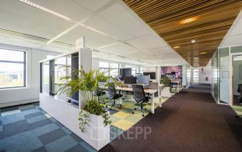 Modern office space for rent at Boeingavenue 223 – 239, Schiphol Rijk, featuring open workspaces with desks, chairs, and greenery.