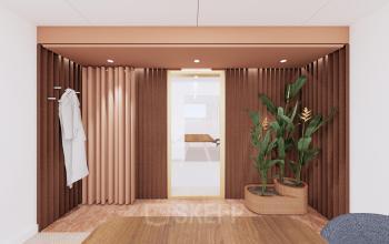 Cozy workspace at Moreelsepark 1, Utrecht, featuring a warm design with plants and curtains. Ideal for professionals seeking an inviting office space rental near Utrecht Central Station.