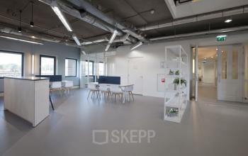 Bright office space at Arthur van Schendelstraat 650, Utrecht Central Station, featuring modern desks, shelves with plants, and ample natural light for a productive work environment.