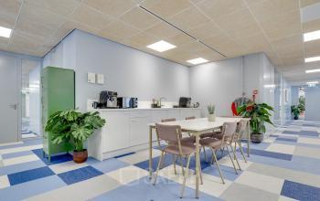 Bright office space with a modern kitchenette and seating area in Utrecht Kanaleneiland, ideal for office space rental. Featuring sleek furniture and vibrant plants, it provides a welcoming environment for business activities.