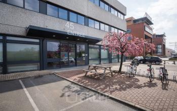 Exterior view of an office building at Zonnebaan 45, Utrecht Lage Weide, featuring a cherry blossom tree and parked bicycles, ideal for those seeking office space rental.