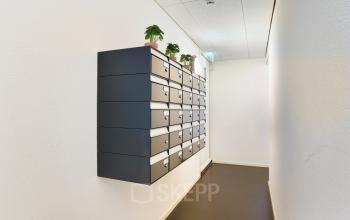 Corridor with multiple mailboxes on the wall and small plants on top, located at Middenburcht 136, Utrecht Leidsche Rijn.