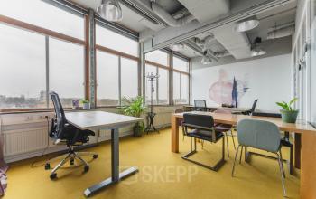 Bright interior office space with large windows, furnished with modern desks and chairs, available for rent at Goeman Borgesiuslaan 77, Utrecht North. Natural plants add a touch of greenery.