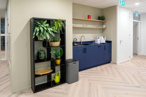 Office kitchenette at Euclideslaan 265, Utrecht Rijnsweerd with blue cabinets, open shelving, and decorative plants. Ideal for a refreshing break in a modern office space rental.
