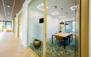 Modern conference room at Euclideslaan 51, Utrecht Rijnsweerd featuring a large wooden table, green-patterned carpet, glass walls, and abundant natural light. Ideal office space rental.