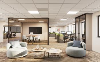 Modern office with spacious workspaces and a central meeting area at Newtonlaan 115, Utrecht Rijnsweerd, perfect for those seeking office space rental.