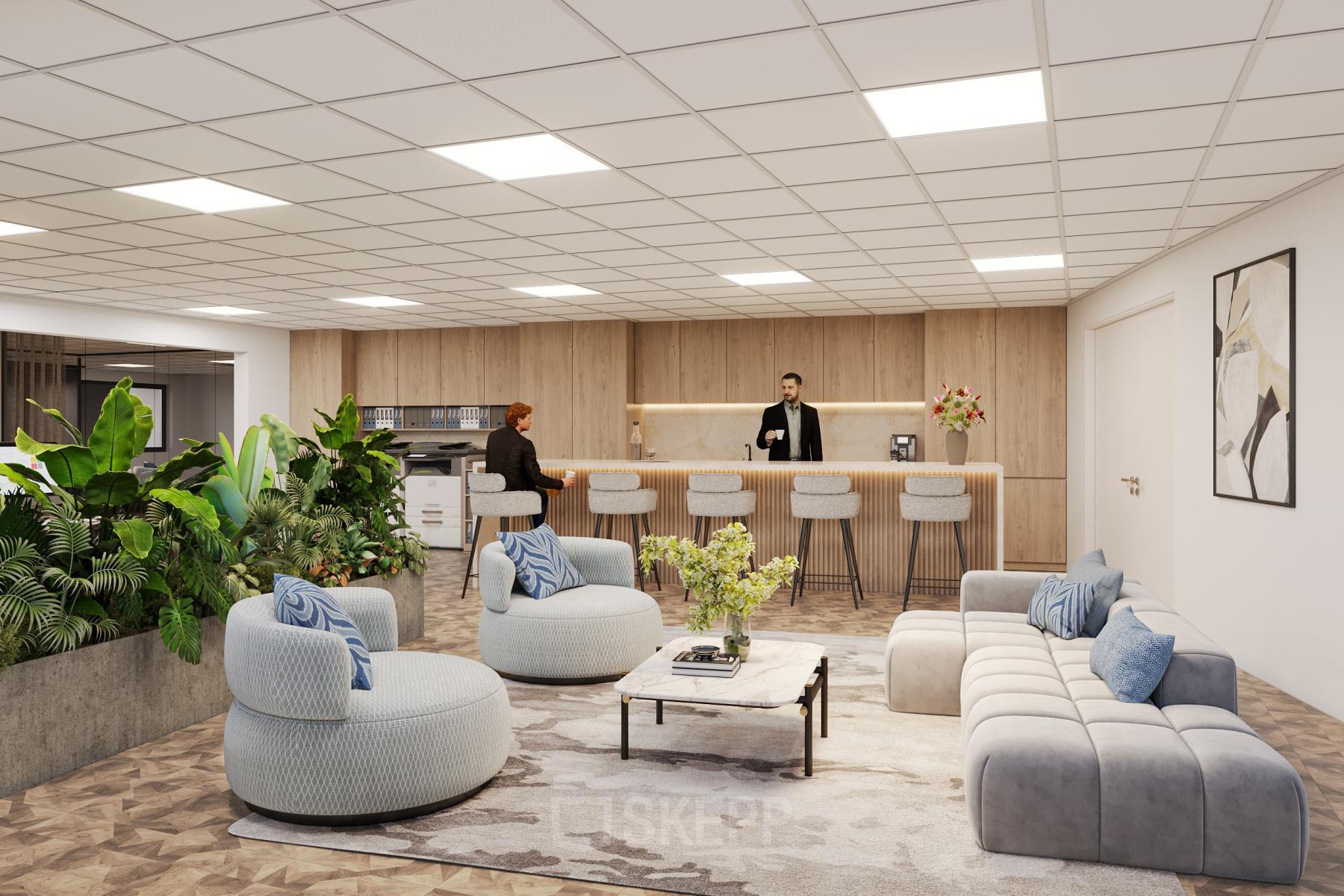 Modern office space with stylish furnishings, featuring a sitting area and people engaging in a meeting, located at Newtonlaan 115, an ideal office to rent in Utrecht Rijnsweerd.