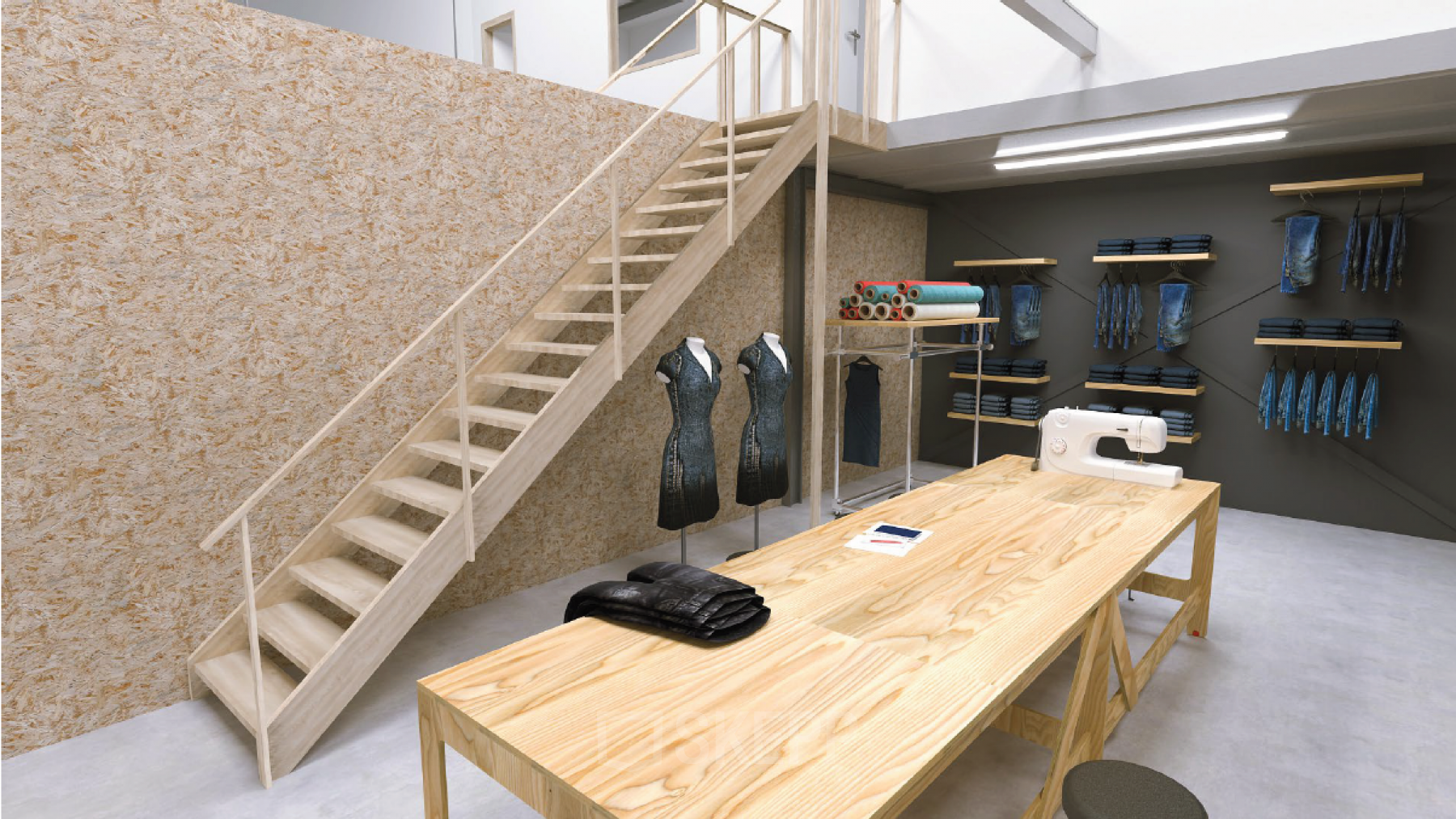 Interior workspace with wooden table, sewing machine, rolled fabrics, and mannequins, located in Utrecht South for office space rental.