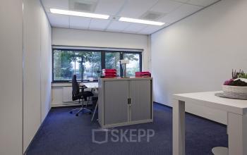 Neat office space rental at Winthontlaan 200 in Utrecht South, with a well-lit workstation and a view of greenery.