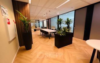 Interior view of an office space in Utrecht South featuring modern furnishings and plants, ideal for rental workspace needs.
