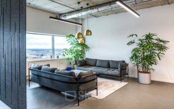 Modern furnished lounge area with sofas and plants in a bright office space rental at Churchilllaan 11, Utrecht South.