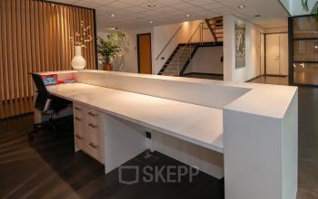Modern reception area in an office to rent at Gildestraat 13, Velp, featuring a spacious desk with storage and contemporary design elements.